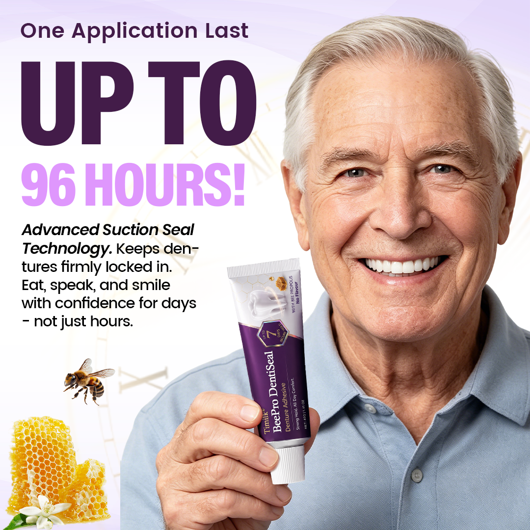 Timilk® BeePro DentiSeal Denture Adhesive🦷🐝💜 FDA Certified (Clinically Proven 96-Hour Lock Hold with Bee Propolis Gum Comfort for Secure, Comfortable & Zinc-Free Denture Fit)