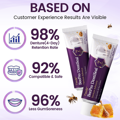 Timilk® BeePro DentiSeal Denture Adhesive🦷🐝💜 FDA Certified (Clinically Proven 96-Hour Lock Hold with Bee Propolis Gum Comfort for Secure, Comfortable & Zinc-Free Denture Fit)